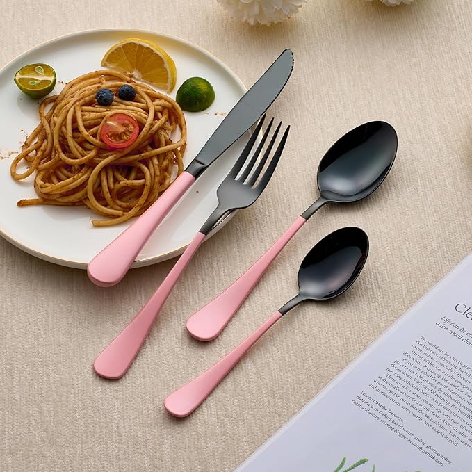 20-Piece Black Silverware Set 18/0 Stainless Steel Silverware Set Light pink Handle Cutlery Set Service for 4 Dinner Knives Forks Spoons Set Flatware Set Finish Dishwasher Safe