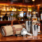 Bartender Travel Kit with Waxed Bag | 22 Piece Bar Set in Roll | Portable Cocktail Tools for Home & Travelling Bartending – Professional Boston Shakers, Unbreakable Melon Squeezer, Accessories