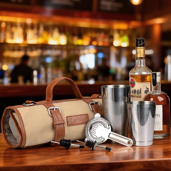 Bartender Travel Kit with Waxed Bag | 22 Piece Bar Set in Roll | Portable Cocktail Tools for Home & Travelling Bartending – Professional Boston Shakers, Unbreakable Melon Squeezer, Accessories