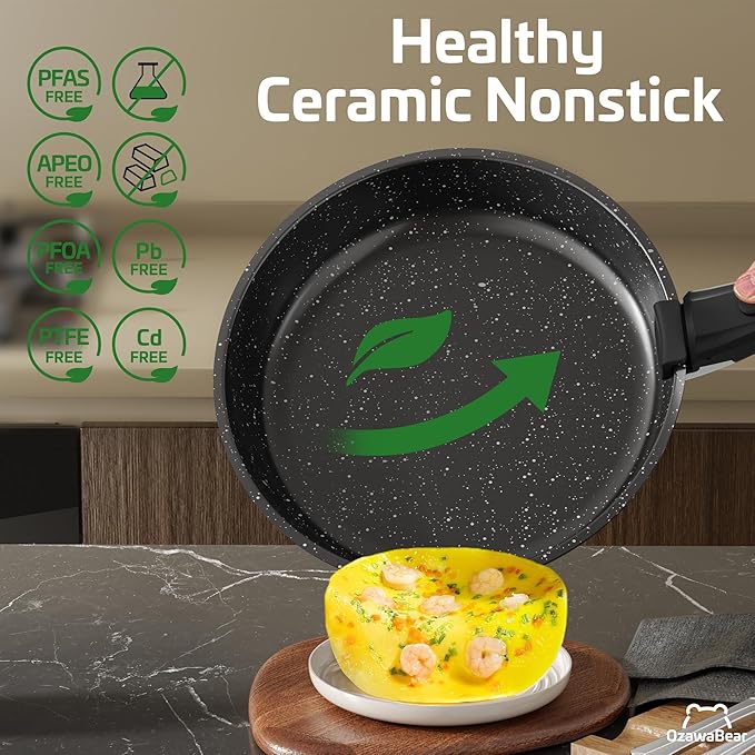 26 Pcs Pots and Pans Set Non Stick, Ceramic Cookware Set Non Toxic with Detachable Handles, Healthy Induction Cookware Oven Safe RV Kitchen Set, PFAS PFOA & PTFE Free, Black