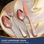 EUIRIO 53-Piece Rose Gold Silverware Set with Serving Utensils, Rose Gold Flatware Set for 8, Stainless Steel Mirror Cutlery Set, Spoons Forks Knives with Unique Floral Laser, Dishwasher Safe