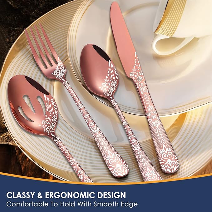 EUIRIO 53-Piece Rose Gold Silverware Set with Serving Utensils, Rose Gold Flatware Set for 8, Stainless Steel Mirror Cutlery Set, Spoons Forks Knives with Unique Floral Laser, Dishwasher Safe