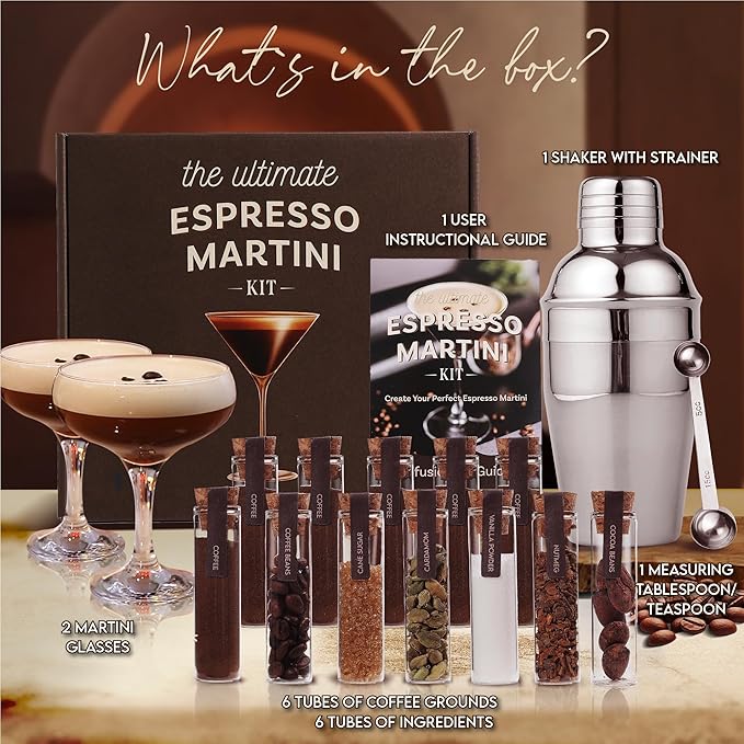 Espresso Martini Kit Gift Set– Complete Martini Maker Set with Espresso Mix, Party-Ready Accessories, and Elegant Decorations for Birthdays and Events, Birthday Gifts for Women