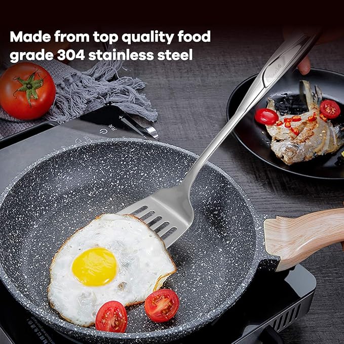 Kitchen Utensils, Contains Soup ladle, Spaghetti Claw, Wok Turner Shovel, Slotted Turner, Premium Stainless Steel, No rust, Dishwasher Safe (Slotted Spatula)