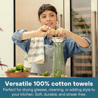 MEEMA Kitchen Towels and Dishcloths Sets of 6 | Large 18 x 28 Inch | Upcycled Cotton Tea Towel | Super Absorbent Cotton Dish Towels for Kitchen | Sage Green Stripes | Hand Towels