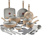 T-Fal Refresh Ceramic Nonstick Cookware Set, 20-Piece, Oven Safe to 350°F, Stockpot, Ceramic Pots and Pans Set, Frying Pans, Griddle, Utensils, Sand Beige