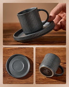 famiware Star Espresso Cups and Saucers Set of 4, [ Mini ] 3 oz Ceramic Small Coffee Mug with Handle, Ribbed Stoneware Demitasse Cup for Tea, Latte - Microwave & Dishwasher Safe - Matte Dark Charcoal