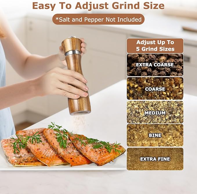 2 Pack Acacia Wood Salt and Pepper Grinder Set – 8” Manual Mills with Adjustable Ceramic Core, Stainless Steel, Tray, Spoon, Brush & Funnel – Rustic Wooden Gift Set for Kitchen or Table