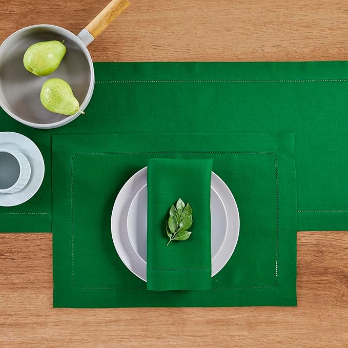 Solino Home Linen Table Runner 36 Inches - 100% Pure Linen Garden Green Hemstitch Table Runner 14 x 36 Inch Ideal for Dresser and Coffee Tables - Classic Hemstitch