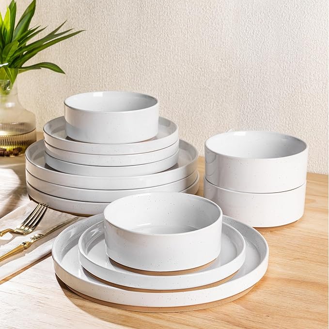AmorArc Ceramic Dinnerware Set for 6 | Speckled Stoneware Plates and Bowls with Rustic Terracotta Underside| Scratch Resistant,Dishwasher & Microwave Safe Dishes Sets- 18pcs White