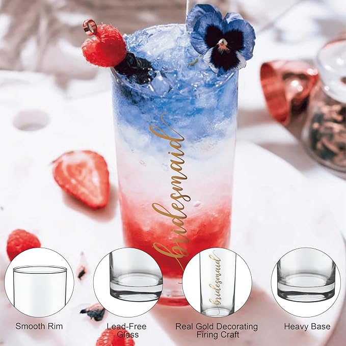 LADY&HOME Bachelorette Party Decorations Highball Glasses,13oz Tall Glass Cups,Bridesmaid Gifts Bridal Shower Gifts Gold Embossed,1 Count(Bridesmaid)