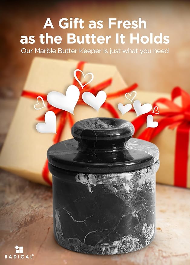 Radicaln Marble Butter keeper 4.25" Inches Black Zebra Handmade French Butter Container For kitchen decor Ideal Butter Dish With Lid For Countertop Butter Crock For Counter With Water