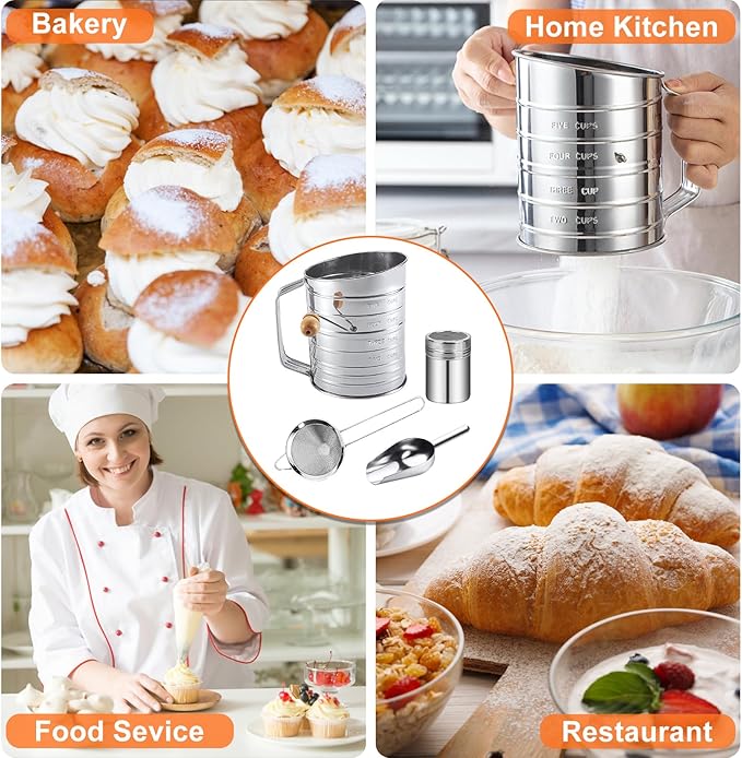 Flour Sifter,5 Cup with Scale Stainless Steel Flour Sifters,4 in 1 Baking Sifter Set with Powder Sugar Shaker Duster,Strainers Fine Mesh and Metal Scoop for Baking Cake,Pastries,Pies,Cupcakes,Desserts