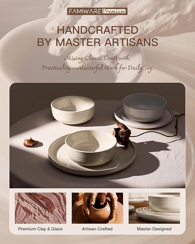 Plates and Bowls Sets for 6, Famiware Premium 18-Piece Stoneware Dinnerware Set, Spiral Flared Dish Set with Speckles & Reactive Glaze - Microwave & Dishwasher Safe Tableware, Shell Beige