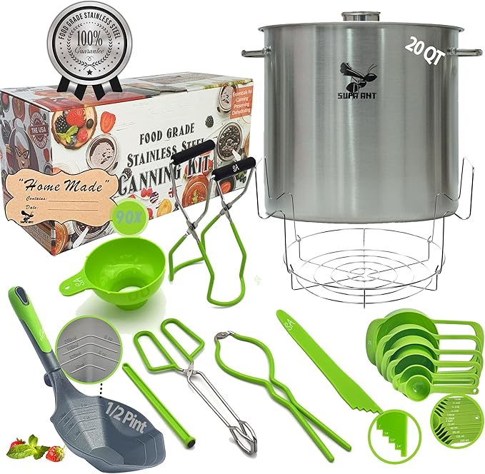 Supa Ant 20 Qt. Stainless Steel Water Bath Canning Pot with Canning Supplies Starter Kit - Food Grade Canning Ladle, Measuring Cups,Funnel,Tongs,Jar Lifter& Wrench,Lid Lifter,Bubble Popper, 90x Labels