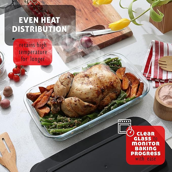 EATEX 16-Piece Deep Glass Casserole Dishes for Oven with Plastic Lids, Glass Baking Dishes for Oven, Rectangular Bakeware for Lasagna, Cooking, Leftovers, Kitchen, Freezer to Oven Dishwasher Safe