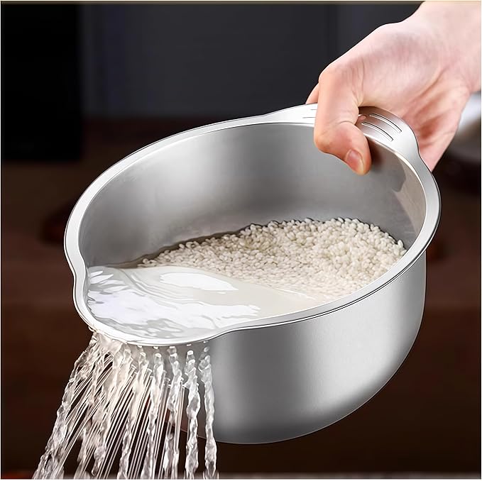 Rice Washer Strainer Bowl, Stainless Steel Washing Bowl for Rinsing Quinoa, Side Drainers Colander for Cleaning Fruits, Vegetables, and Beans - Versatile Kitchen Gadgets