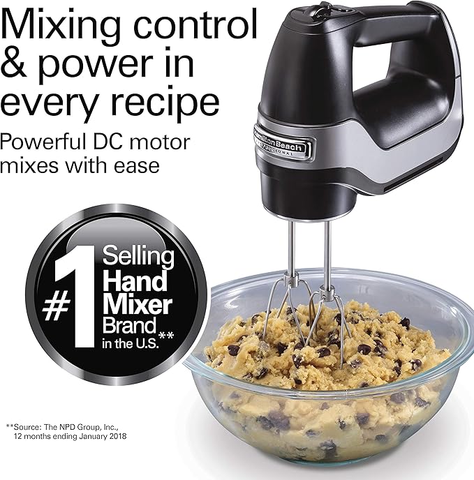 Hamilton Beach Professional 5-Speed Electric Hand Mixer with High-Performance DC Motor, Slow Start, Snap-On Storage Case, Stainless Steel Beaters & Whisk, Black (62651)