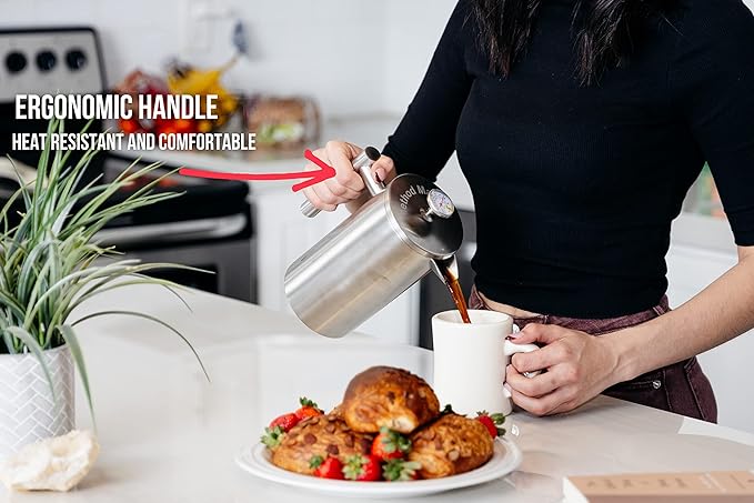 Barista Warrior French Press with Thermometer - Insulated Coffee Press - Stainless Steel Coffee Maker (1.0L, 34 fl oz, Silver)