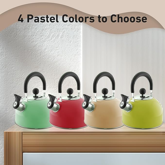Lily's Home 2 Quart Stainless Steel Whistling Tea Kettle, the Perfect Stovetop Tea and Water Boilers for Your Home, Dorm, Condo or Apartment. (Pastel Red)
