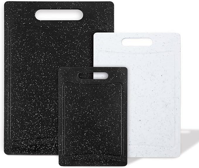 COOK WITH COLOR Non-Slip Cutting Board Set – Kitchen Essentials with Easy Grip Handle for Meat, Veggies, and Fruits, 3 Cutting Boards, Black/White