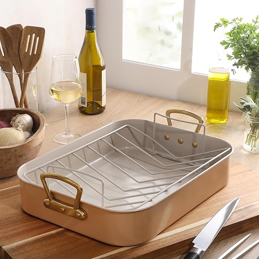 Gibson Home Broxton 2-Piece Nonstick Roaster Pan with Rack – 16 x 12 Inch Apricot Turkey Roasting Pan with Cast Aluminum Gold Handles – Oven-Safe, Easy-Clean, Holiday Cookware