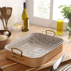 Gibson Home Broxton 2-Piece Nonstick Roaster Pan with Rack – 16 x 12 Inch Apricot Turkey Roasting Pan with Cast Aluminum Gold Handles – Oven-Safe, Easy-Clean, Holiday Cookware