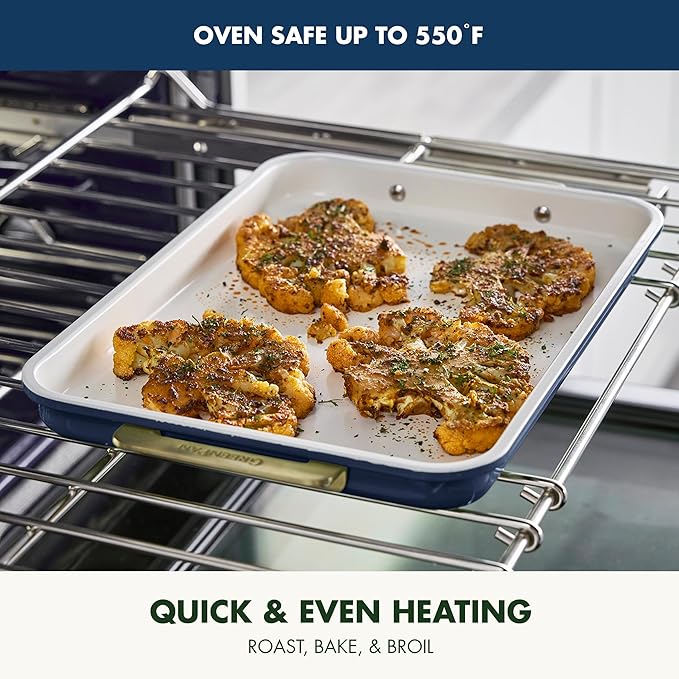 GreenPan Bakeware Set, 7 Piece Nonstick Ceramic Gold Handle Baking Sheets, Cake Pans, Loaf Pan, Muffin Tin, Cooling Rack, PFAS & BPA Free, Freezer to Oven Dish, Bake & Roast Ovenware, Oxford Blue