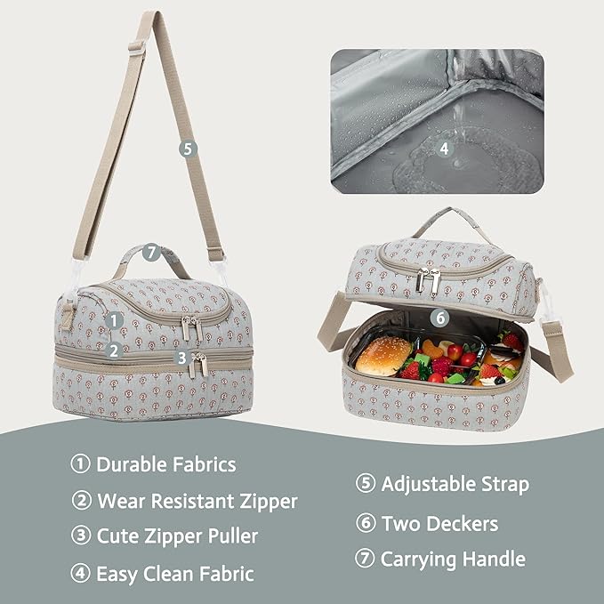 Insulated Kids Dual Compartment Lunch Bags Tote for Girls Boys Toddler Lunch Boxes Pre-School Toddler Kindergarten Picnic Camp Food Cooler Thermal with Strap (Z Blue Floral)