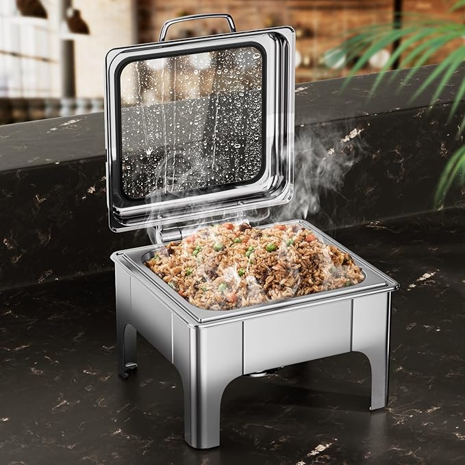 Chafing Dishes for Buffet, 6QT Square Stainless Steel Chafing Dish with Transparent Hydraulic Lid, 304 Food Pan, Buffet Warmer for Parties and Events (Silver)