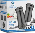 The Original Salt and Pepper Shakers set - Black -Spice Dispenser with Adjustable Pour Holes - Stainless Steel & Glass - Set of 2 Bottles