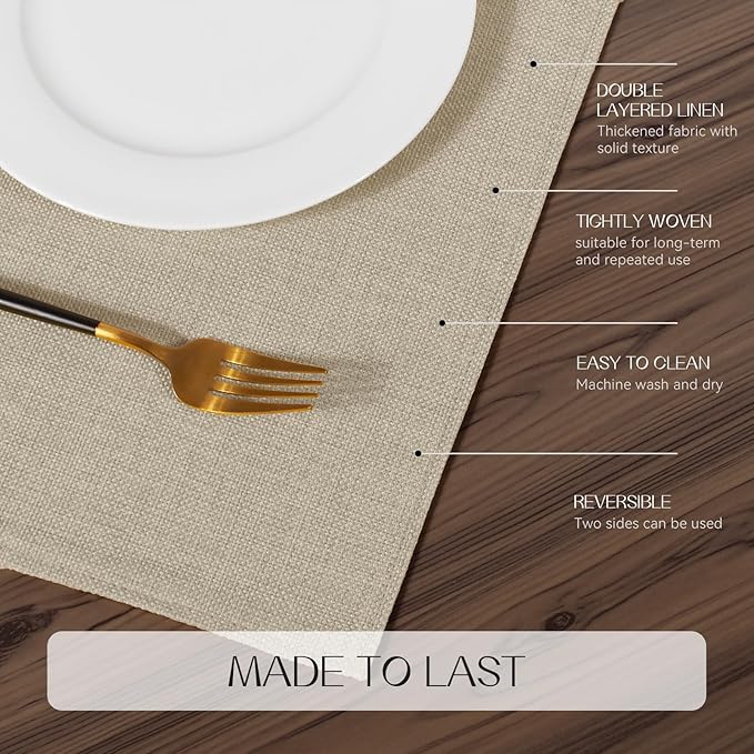 Romanstile Cloth Placemats Set of 6-12 x 18 Inch, Heat Resistant Double Layered Thickened Burlap Place Mats, Washable Faux Linen Farmhouse Table Mats for Kitchen/Dining/Party/Outdoor, Beige