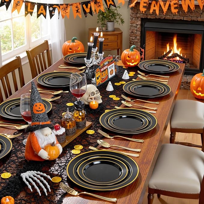 WDF 200PCS Black and Gold Plastic Plates - Black Plates Disposable for Party - Heavy Duty Plastic Plate for Halloween/New Year