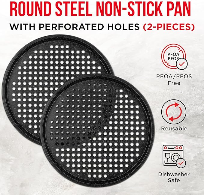Non-Stick Pizza Pan 1 Pack, 13 Inch Round Carbon Steel Pizza Tray with Perforated Holes for Crispy Crust, PFOAPFOSPTFE Free, Dishwasher & Oven Safe Up To 450°F, Durable Nonstick Gray Marble Coating