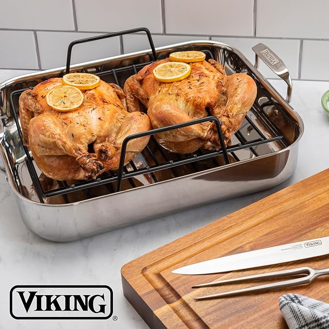 Viking 3-Ply Stainless Steel Roasting Pan with Nonstick Rack and Carving Set, 16 x 13 Inch Kitchen Cookware, Great for Turkey, Dishwasher and Oven Safe, Induction Ready, SIlver