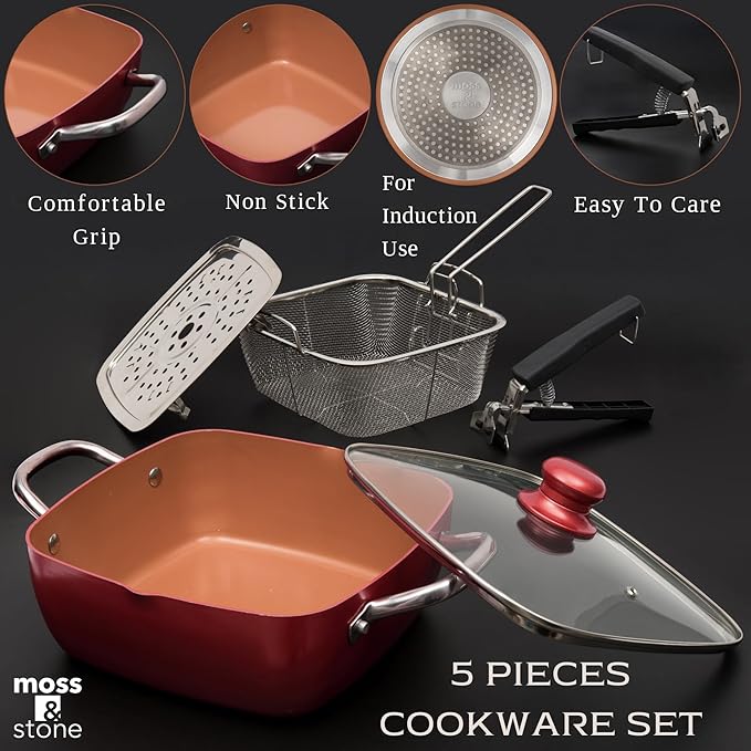 Moss & Stone 5 Pcs Red Copper Chef Cookware Non Stick Deep Frying Pan, Fry Basket, Steamer Rack, Dishwasher & Oven Safe, 5 Qt Deep Square Pan, Induction Copper Cookware Set - 9.5" x 3.5"