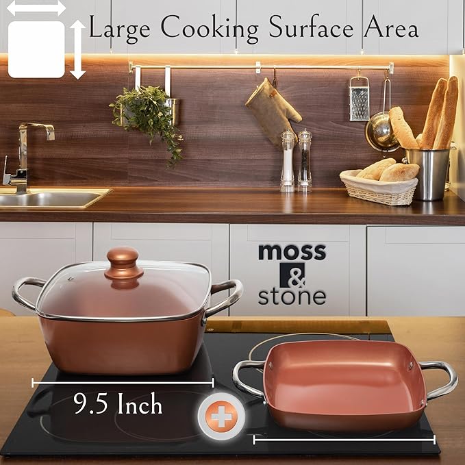 Moss & Stone 6 Pcs Copper Chef Cookware Non Stick Deep Frying Pan 9.5" x 3.5", Fry Basket, Steamer Rack, Dishwasher & Oven Safe, 5 Qt Deep Square Pot & Non Stick Pan, Induction Copper Cookware Set