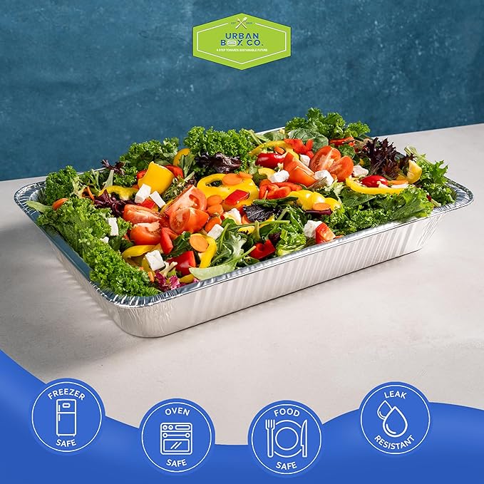 Urban Box Co. Full Size Deep Aluminum Pans - 21x13 inch Steam Table Chafing Pan: Extra Heavy Duty, Disposable Foil Tray for Restaurant. Ideal for Roasting, Cooking, Storing Food (10, No Lid)