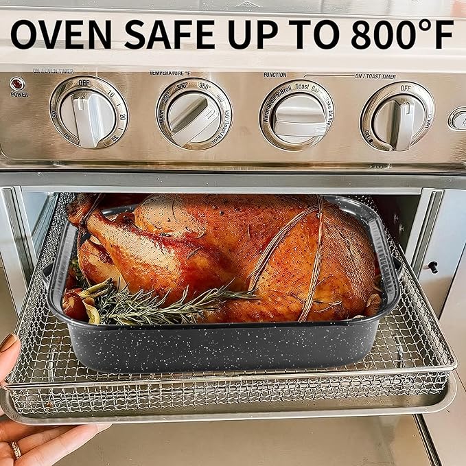 Roasting Pan with Rack, 21” Rectangular Granite Roaster Pan, 25lb Capacity, Large Roaster Pot for Baking Turkey with Versatile Lid