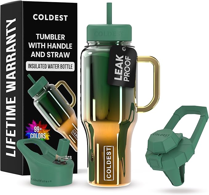 Coldest Tumbler with Handle and Straw - 100% Spill Proof Tumbler with Straw (3 Lids) - Stainless Steel Insulated Leakproof Tumblers for Women & Men - Cup Holder Friendly - 36 oz (Atlantean Nova)