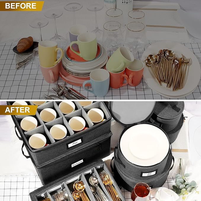 HOMELUX THEORY Mug Storage Box with Dividers Hard Shell China Storage Containers, Heavy Duty Coffee Cup Storage Box and Moving Boxes for Glassware Storage with Lid, Thick Surface, and Sturdy Handle