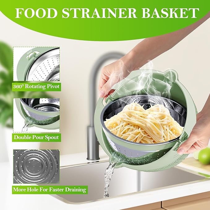 4 in 1 Colander with Bowl Set, Food Strainers and Colanders, Colander for Kitchen, Pasta Strainer, Fruit Washing Bowl, Kitchen Essentials Strainer Basket Bowl, Green