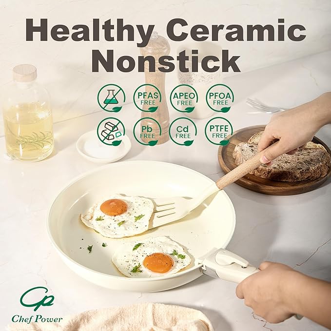 Chef Power Ceramic Nonstick Cookware Set 5 Piece with Detachable Handle, Induction Dishwasher Oven Safe Pans and Pots Set, RV Kicthen Set Removable Handle, Cream White