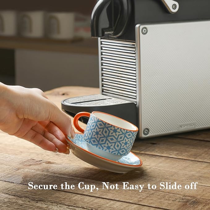 Selamica Ceramic Espresso Cups with Saucers, 2.5 OZ Stackable Demitasse Cups with Metal Stand, Mini Espresso Mugs for Latte Coffee Café Mocha Tea, Set of 6, Assorted Colors