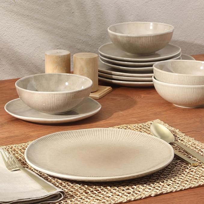 Gibson Elite Sandy Pines Stoneware Plates and Bowls Set - 12 Piece Reactive Glaze Dinnerware Set - Service for 4 - Dishwasher and Microwave Safe - Cream Taupe