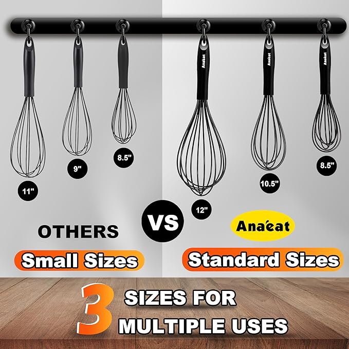 Anaeat Silicone Balloon Whisk, Perfect for Non-Stick Cookware, Milk and Egg Beater Blender, Heat Resistant Kitchen Whisks for Whisking, Cooking, Baking, Beating, Frothing & Stirring (Black)
