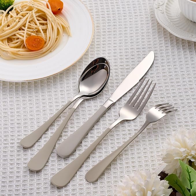 20 Piece Cream Grey 18/0 Flatware Utensil Set for 4, Include Dinner Knife,Dinner Forks,Dinner Spoons,Salad Forks,Teaspoons,Silverware Set for 4, Dishwasher Safe