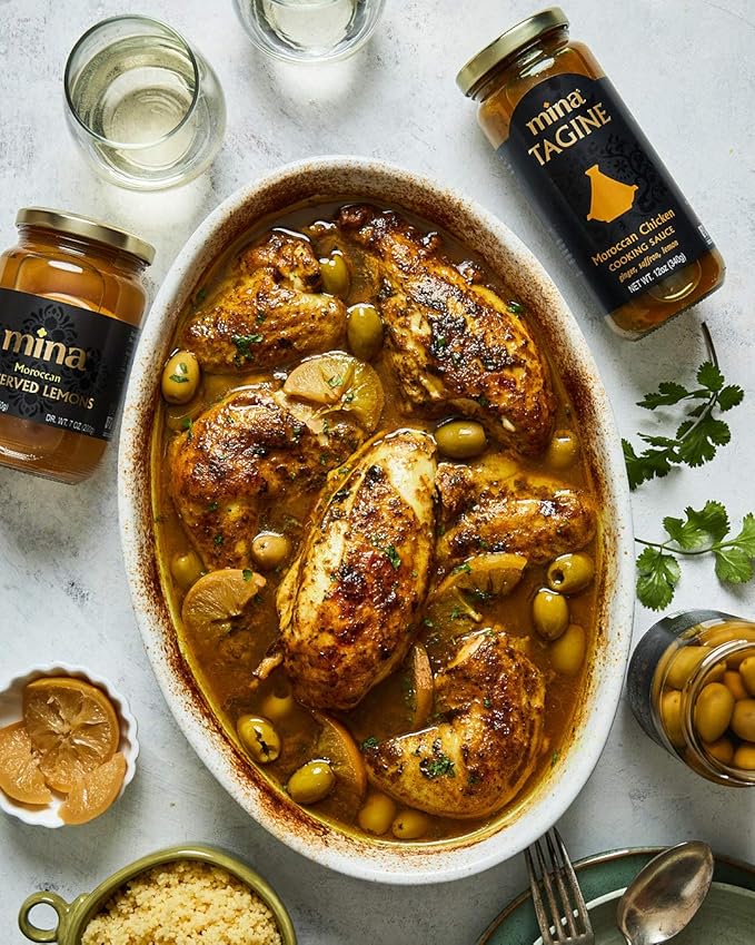 Mina Tagine Moroccan Chicken Simmer Sauce, 12 oz - Classic Ginger Saffron Made with Turmeric, Lemon & Olive Oil, Tagine Seasoning, Chicken Sauce, Garlic Sauce, Moroccan Spices