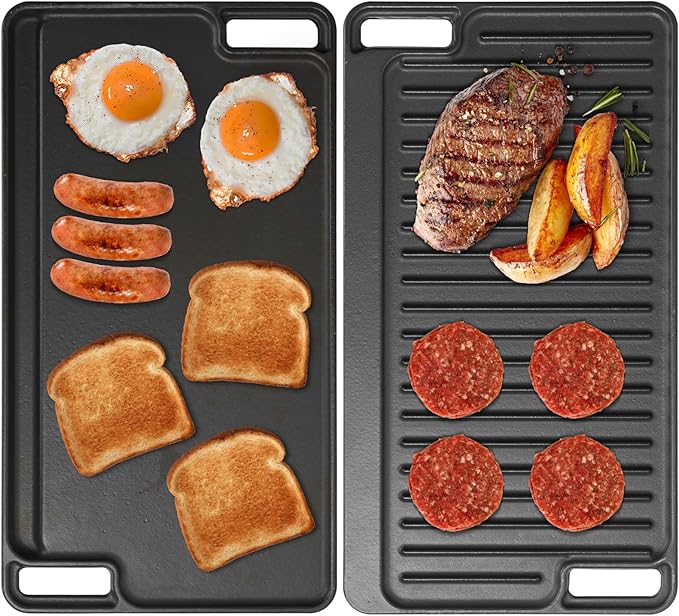 16.75" X 9.5" Reversible Cast Iron Griddle for Gas Grill, Flat Griddle Pan for Gas Stove, Pre-Seasoned Oven Top Grill pan,Upgrade Double Burner Griddle for Indoor & Outdoor Cooking Accessories
