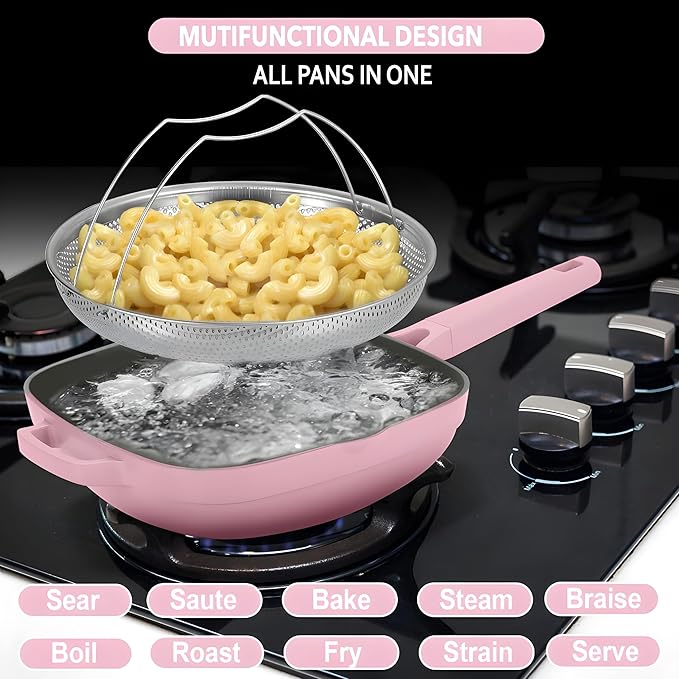 Nonstick Ceramic Saute Pan with Steamer, All-in-One Pan, PFOA,PFOS,Lead & Cadmium Free,Dishwasher Safe,4 Qt,11-inch, Pink, Stay-cool Handle,non stick chef's pan